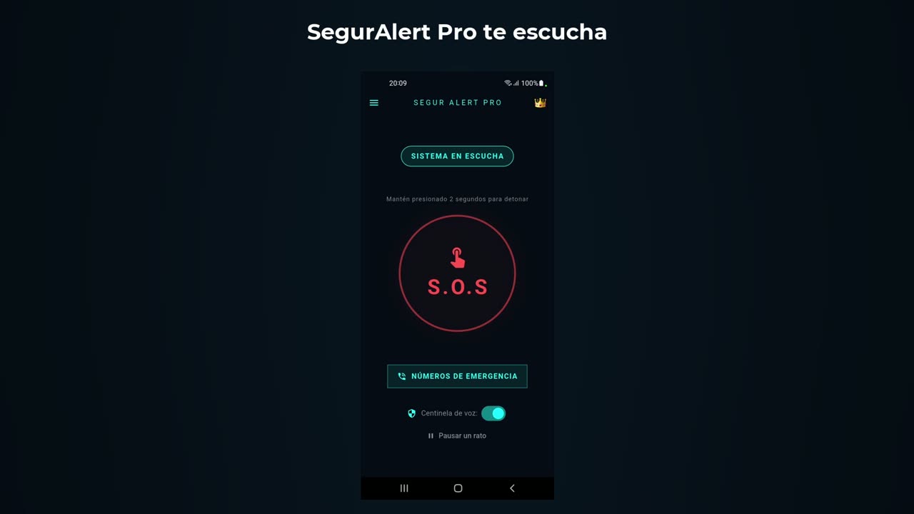 Pantalla principal de SegurAlert Pro con el Centinela de voz encendido